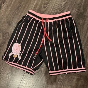 Black and Pink Athletic Shorts with Elastic Waistband